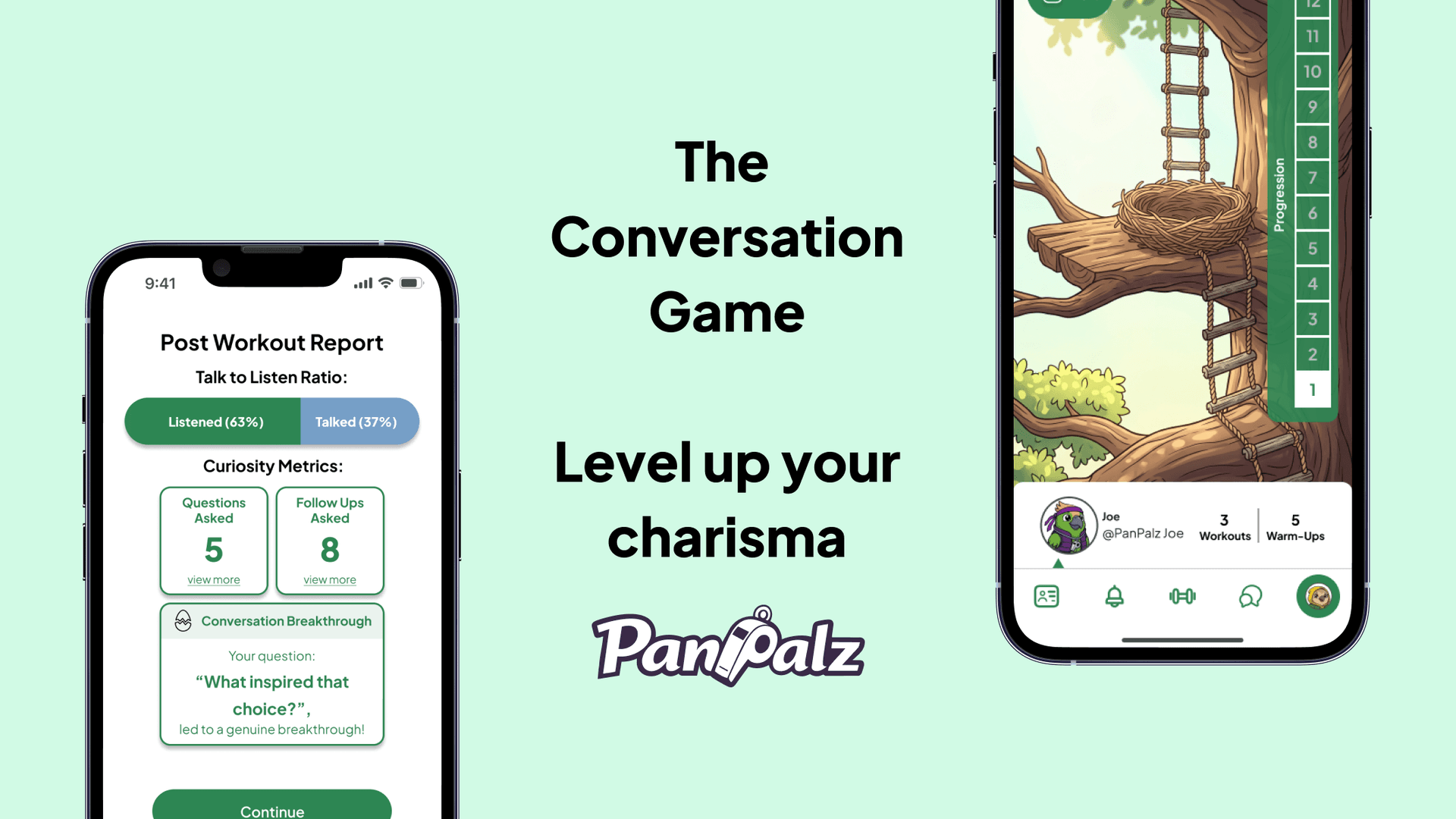 The conversation game, level up your charisma. Sample images show metrics such as questions asked, follow ups asks and conversation breakthrough. A second screen shows a sample user profile'