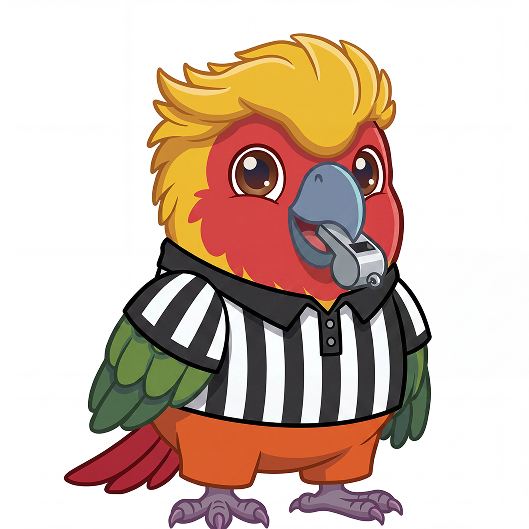 Parrot character with a whistle around its neck wearing a referee shirt
