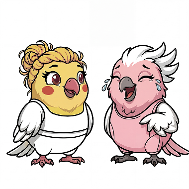 Two friendly parrot characters interacting