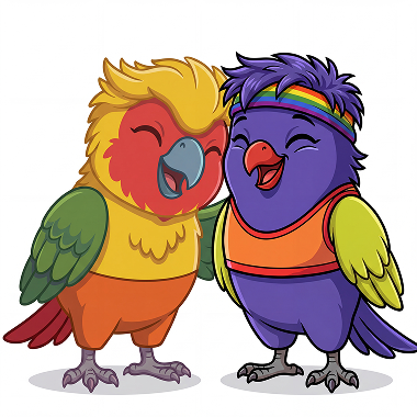 Two happy, colourful parrots hugging each other